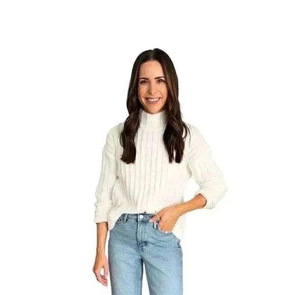 Time & Tru Women's Ivory Ribbed Polyester Knit Mock Neck Sweater - Picture 1 of 11
